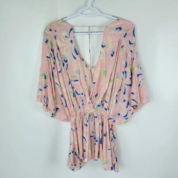 Free People Floral Loose Fitting  Deep V Top Sz Small - Picture 4 of 7